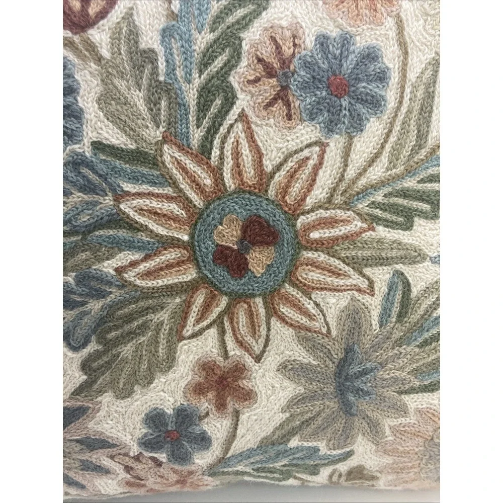Vintage Floral Designed Crewel Needlepoint Tapestry Stitched Throw Pillow 16